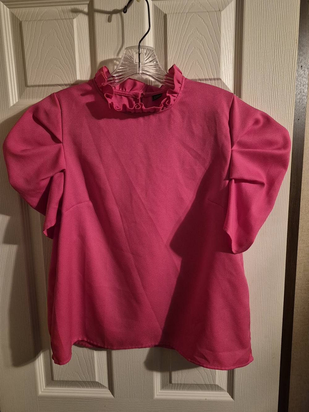 SHEIN Hot Pink Ruffle Neck Puff Sleeve Blouse